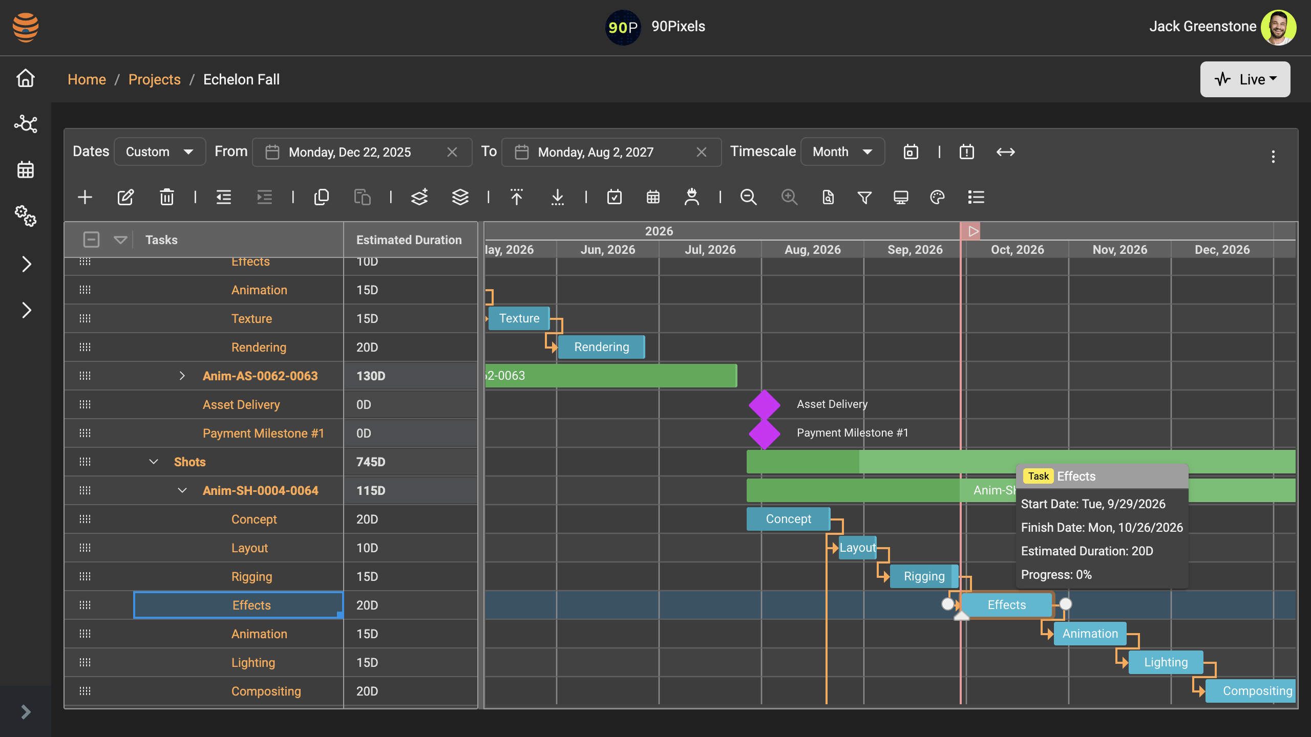 Projectal Gantt chart showing linked production tasks, asset delivery and payment milestones for a project