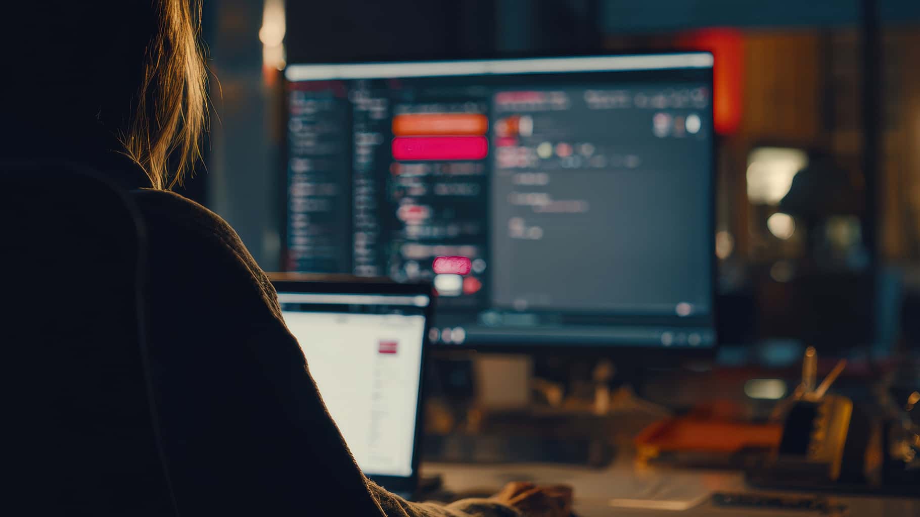 Developer working across multiple screens with connected software systems