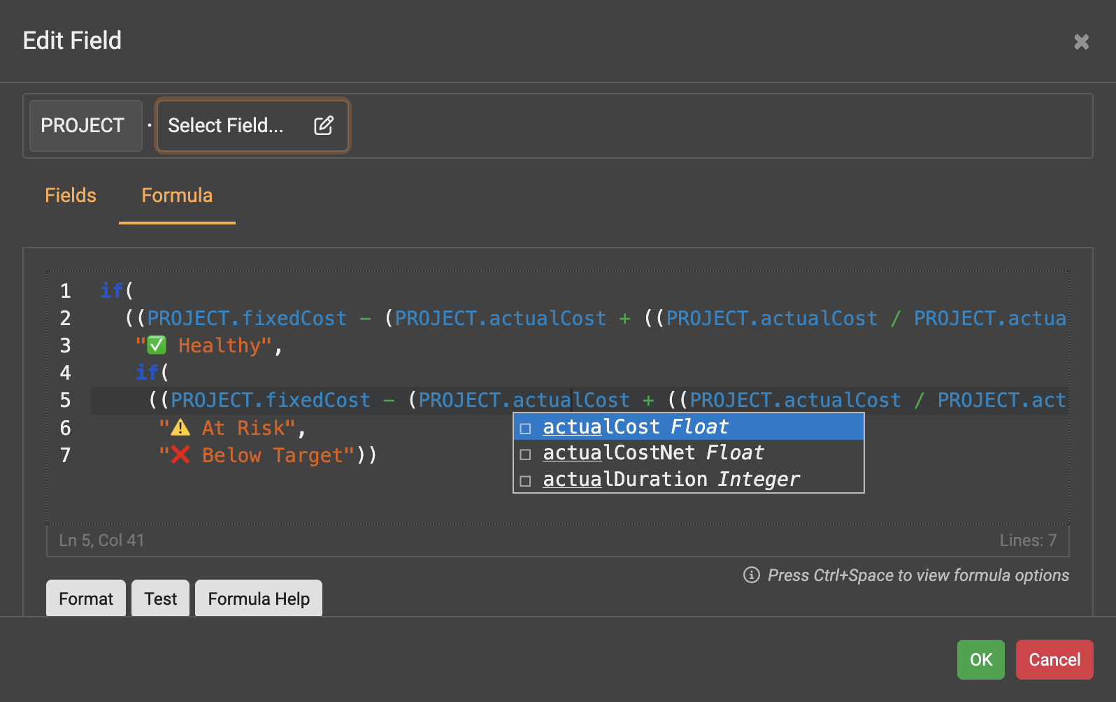 The Projectal formula editor helps you create custom calculations.
