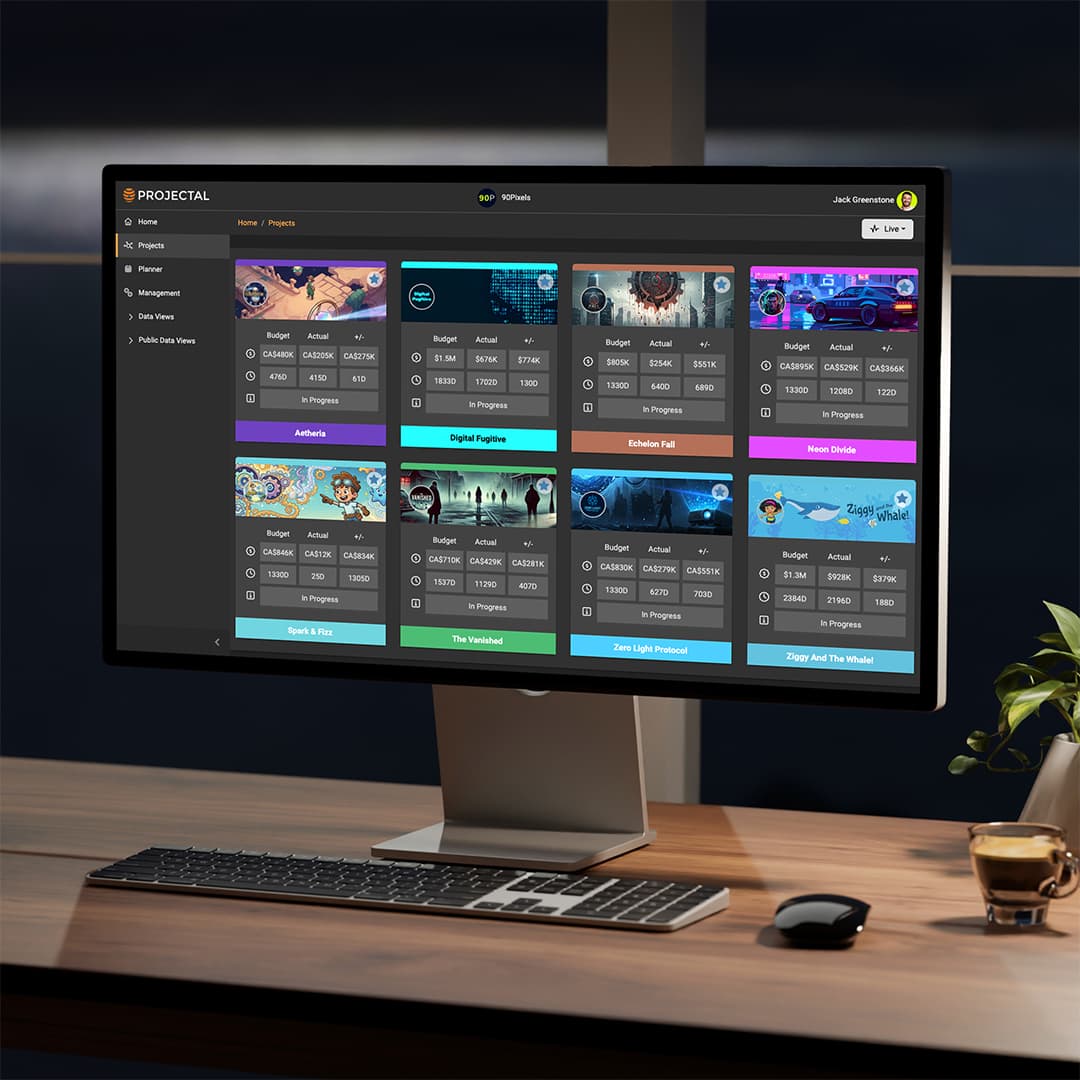 Projectal dashboard showing budgets, costs and progress across multiple projects