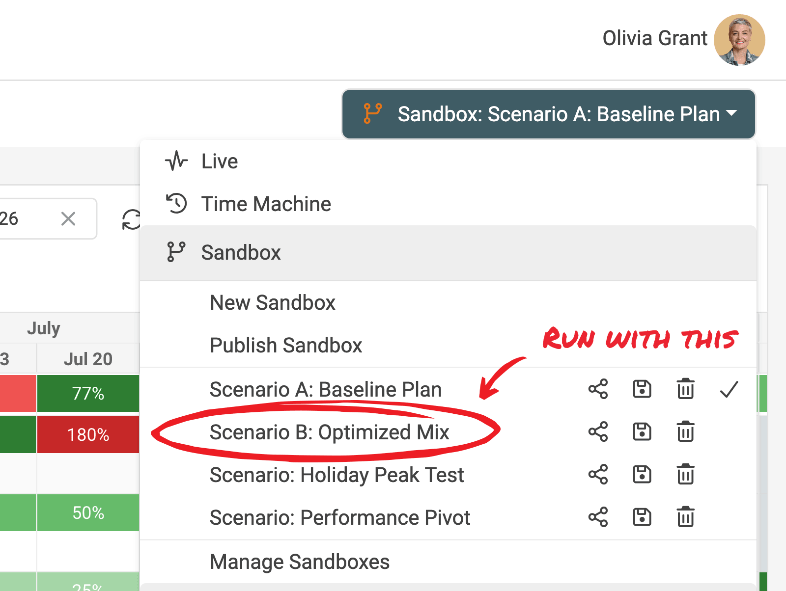 Switch between different scenario plans for your campaigns